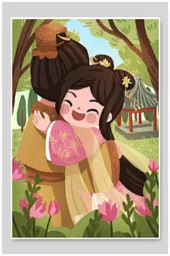 时尚高端手绘花朵七夕情侣插画海报