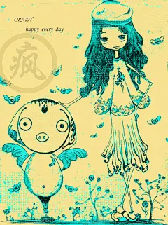 阿疯  的插画 天使猪和它的主人