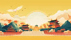 古风国潮插画国潮建筑城市地标建筑国潮祥云高楼建筑故宫建筑中国风