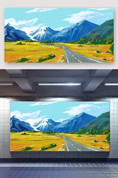 秋季风景草地公路插画背景-众图网