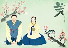 中式古典人物唯美民族服装梅花古筝植物水墨插画