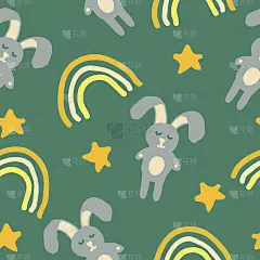 可爱的兔子，兔子，复活节，星星和彩虹无缝图案的趋势颜色2021。矢量手绘。儿童墙纸、纺织品、装饰品。