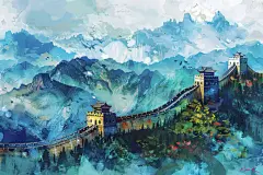 国潮彩绘长城绘画图片