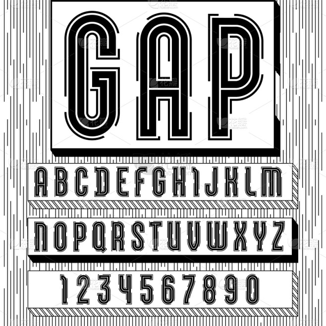 Alphabet with gap, sans serif font, futuristic black letters and numbers.