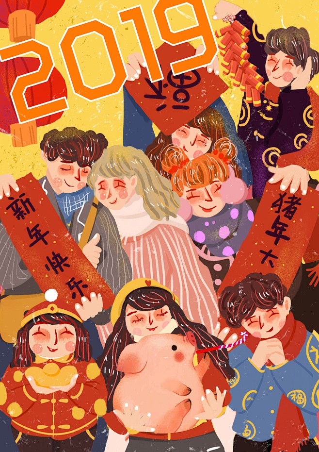 中国传统节日手绘卡通2019春节唯美插画...