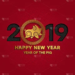 2019年春节快乐，图标猪红和黑纸风格，以及金色图案和波浪图案背景上的文字