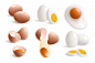 Isolated hen eggs realistic set with boiled fried eggs eggshell and yolks vector illustration Free Vector