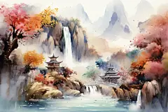 枫叶红叶植物水墨风秋天秋季自然风景插画