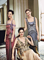 Michelle Dockery, Laura Carmichael, Jessica Brown Findlay in their Downton Abbey inspired frocks yet casual and fashion forward makeup and messy updos.  Love it.: 