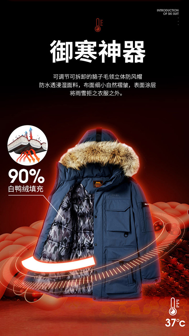 Jeep羽绒服男中长款加厚保暖外套男士新...