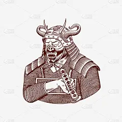 日本武士与武器的草图。打斗中的男人穿着盔甲摆姿势。手绘复古素描。矢量插图在单色风格