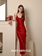 SILKY MIRACLE红色真丝睡裙新款水钻长吊带新婚桑蚕丝性感礼服冬-tmall.com天猫