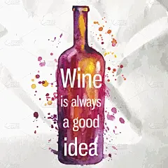 抽象水彩酒瓶与泼洒的油漆和文字