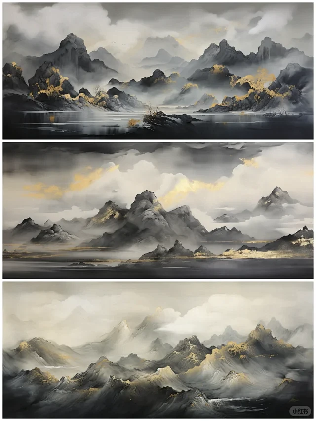 东方美学抽象艺术鎏金山水插画-墨色山河-花瓣网