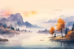 水墨秋天手绘自然插画