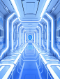 the futuristic image has been placed in a hallway, in the style of white and blue, greeble, tinkercore, adventurecore, minimalist backgrounds, luminous color palette, wlop
