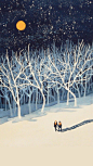 油画 ---- 深夜大雪 树林漫步