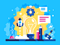 Laboratory of ideas kit8 flat vector illustration process liquid wheel message rocket idea laboratory
