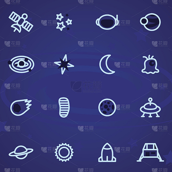 一组向量图标和标识空间，恒星，行星，宇宙