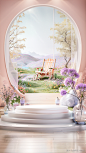 The image features a beautifully decorated room with a large window that showcases a picturesque view of a field of flowers. The window is open， allowing the fresh scent of the flowers to fill the room. A white chair is placed in front of the window， prov