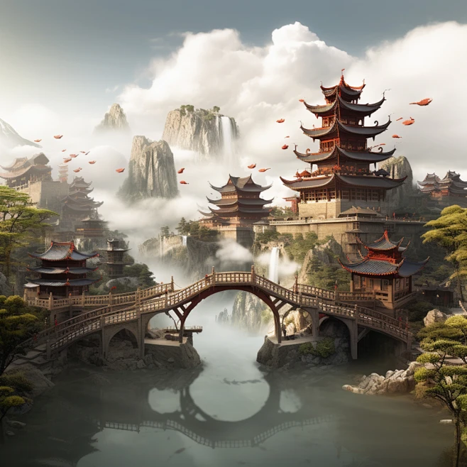 中国风山水古风建筑风景素材图片-花瓣网