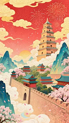 国潮风插画，融合中式建筑与水墨意境，喜庆烟花绽放，樱花纷飞，微缩艺术展现梦幻长安盛景。
