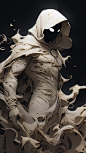 The Moon Knight dissolving into swirling sand, volumetric dust, cinematic lighting, close up portrait