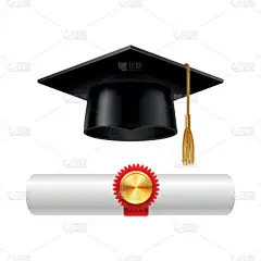 毕业帽和滚动文凭滚动与邮票。完成教育概念。有花边和大学学位证书的学术帽.公告横幅海报或传单的矢量图解