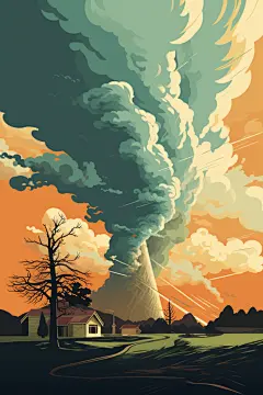 扁平风被破坏的房屋自然灾害龙卷风插画