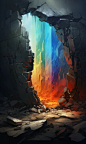 Large rainbow stone cracks ruins draw