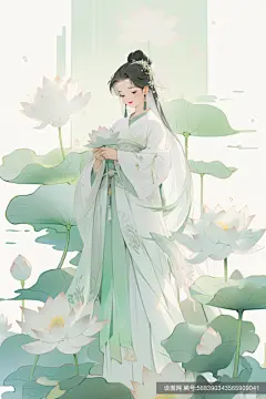 水墨荷叶古装绿衣少女古风女生插画