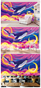 卡诺个性定制壁画卡通壁画鲸鱼游太空沙发电视背景欧式现代装饰画 飞鲸游太空