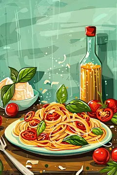 美味番茄意面西餐插画