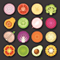 Vector food icons. These look realistic at first glance. The vectors are all colored to look like real fruits and veggies.