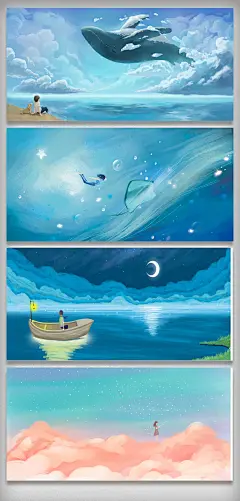 海底飞鲸手绘插画背景元素海底飞鲸手绘插画背景元素