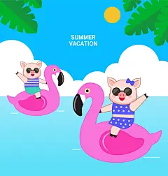 旅游度假 海上游戏 粉红大鸟 可爱猪猪 2019新年插图插画设计AI ti122a11408
