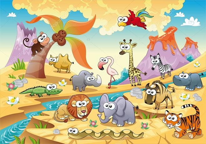 大草原动物家族背景的家庭搞笑卡通和矢量插图中隔离的对象