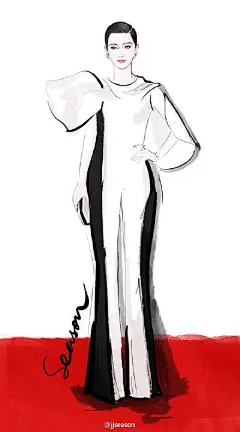 #时尚# #插画#--李冰冰 身着Stephane Rolland的黑白拼接连体裤，帅气出席#2015BAZAAR明星慈善夜#@北坤人素材