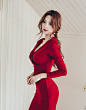【图片】。{ sweetglam·鲜红色低胸折叠长袖连衣礼裙【朴洙妍吧】_百度贴吧