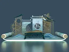 新中式美陈 画卷 隔断 古琴 竹子 灯带 国潮美陈