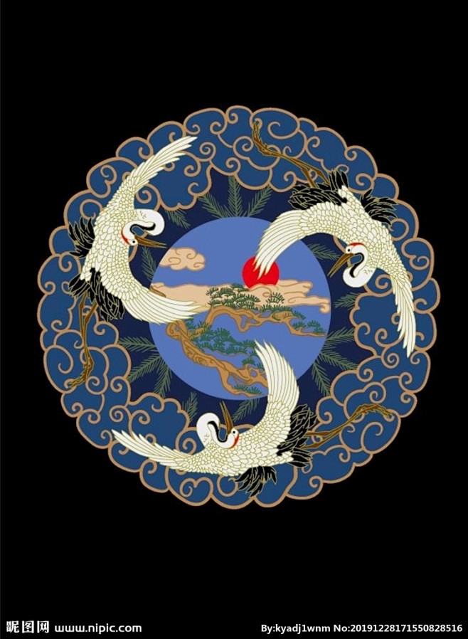 中国古典仙鹤流云松柏红日纹样