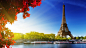 General 1920x1080 Eiffel Tower Paris sunlight water trees rivers boats architecture leaves skies