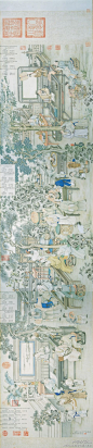 #国画#【 清 姚文瀚 《摹宋人文会图》 】卷，纸本设色，46.8x196.1cm，台北故宫博物院藏。 唐太宗为秦王时，府中蓄有十八谋士，登基後，特命阎立本画十八学士图，宋以后常以文人雅集的方式呈现。姚文瀚此卷绘于乾隆十七年，上有嵇璜楷书〈十八学士赞〉，与院藏〈刘松年唐十八学士图〉构图相同。