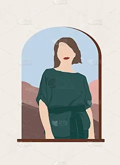 一个女人的抽象肖像在一个拱形的窗户对着山的风景。女权主义和自由的概念。矢量波西米亚插图在极简主义风格
