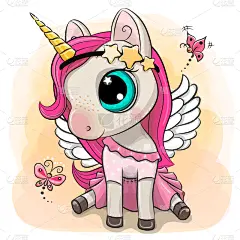 独角兽,女孩,卡通,蝴蝶,黄色背景,图像技术,可爱的,动物主题,贺卡,计算机