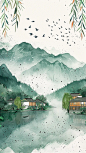 春景插图以青山绿水为背景，燕子在流动的河流岸边的小房子上空飞