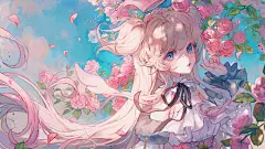 动漫女孩花卉花瓣天空云丝带红指甲看着观众王冠腰带玫瑰