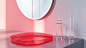 The background is light grey gradient white, underneath is a thin red acrylic plate, on the right there is another thin acrylic plate standing up, underneath is a light grey gradient white mirror, in the foreground is a labware sink, HD, C4D modelling, 3D