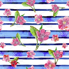 水彩画上以春、女日、夏、樱花为主题的无缝图案，以粉色条纹为背景，抽象化为卡片、名片、布艺的装饰