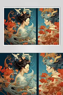 AI数字艺术手绘女孩国潮风孔雀插画-众图网